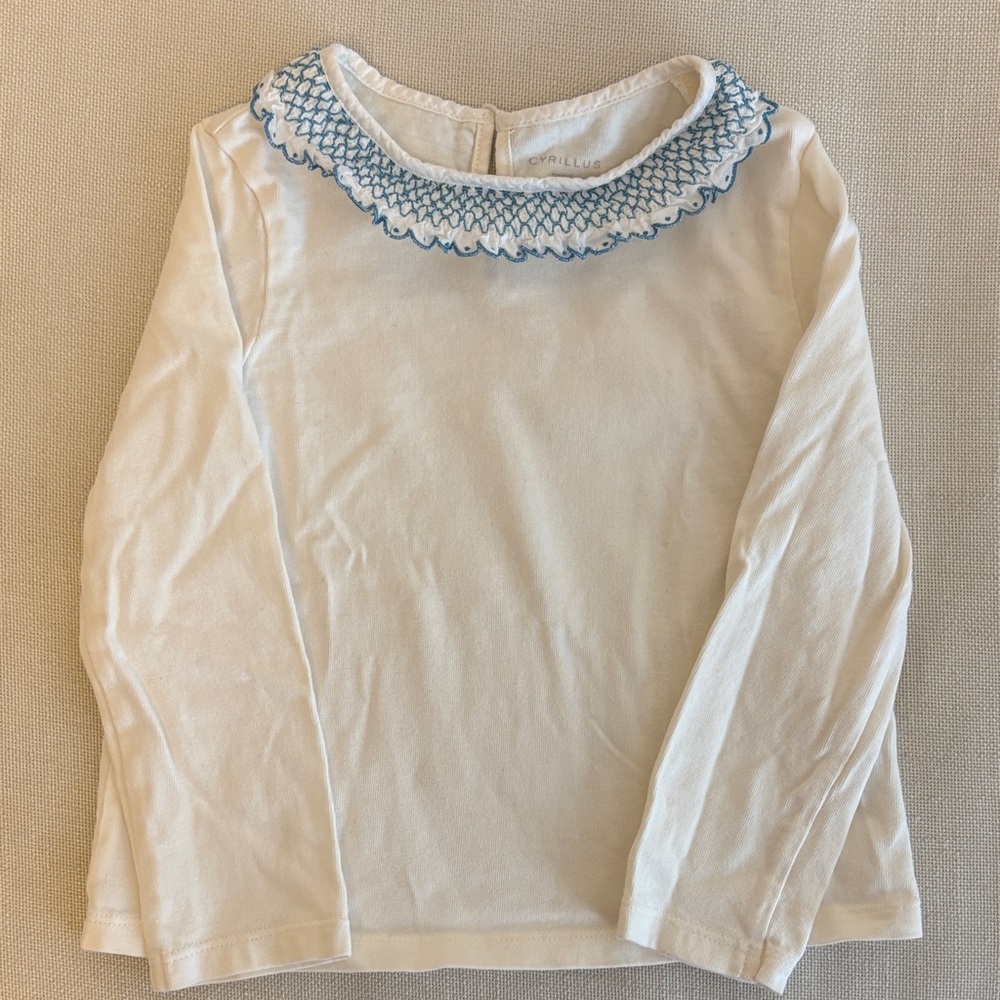 Cyrillus White Long Sleeve Top with Blue Embroidered Collar